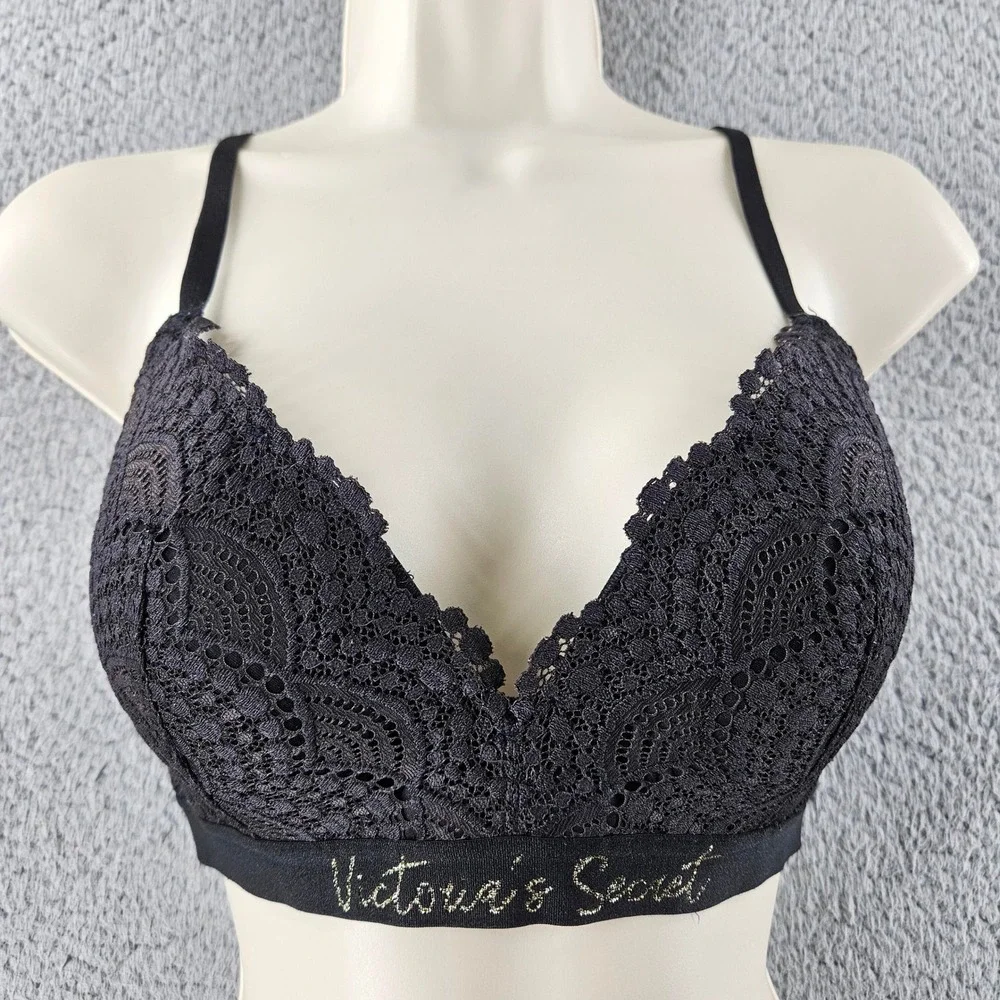 Victorias Secret Lined No Wire Bra Womens 32D Black Floral Lace Wireless Comfort